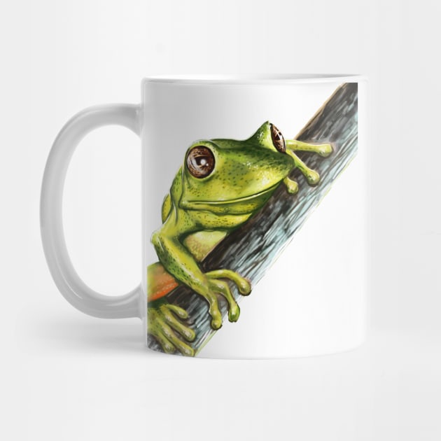 Green tree frog on a branch with big eyes by pickledpossums